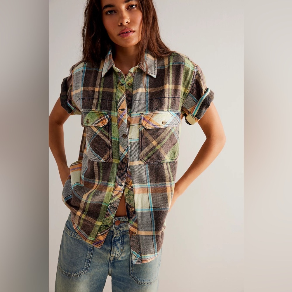 NWOT Free People Vintage Crush Plaid Shirt L